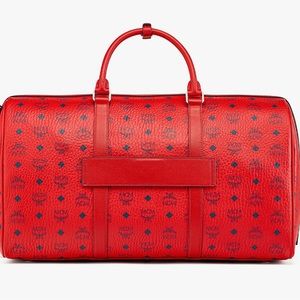 COPY - MCM TRAVELER VISETOS COATED CANVAS WEEKEND DUFFLE BAG IN CANDY RED